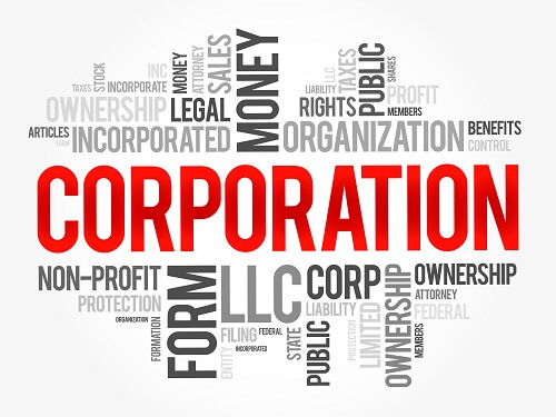 Corporation and different incorporation entity types text in different sizes and colors